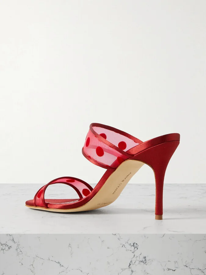 Manolo Blahnik - Scolobi 90 Satin-trimmed Flocked Mesh Sandals - Red - Image 3