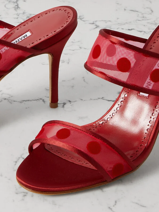 Manolo Blahnik - Scolobi 90 Satin-trimmed Flocked Mesh Sandals - Red - Image 4