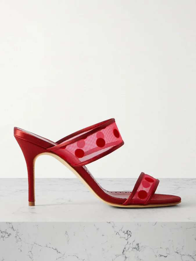 Manolo Blahnik - Scolobi 90 Satin-trimmed Flocked Mesh Sandals - Red