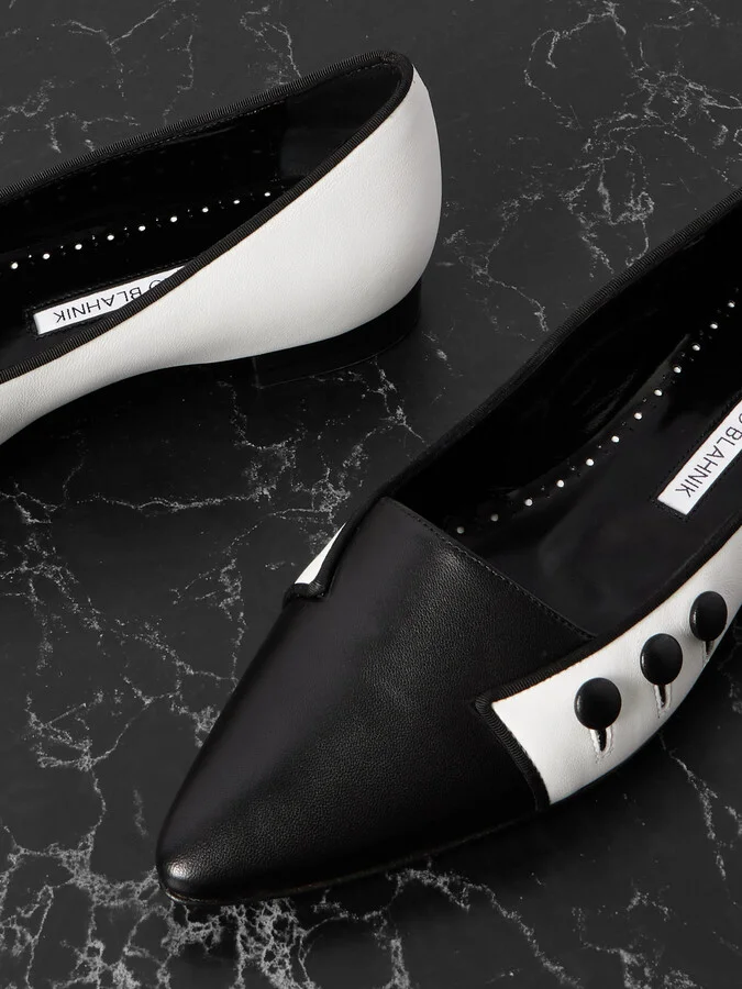 Manolo Blahnik - Seleuka Button-embellished Leather Point-toe Flats - White - Image 4