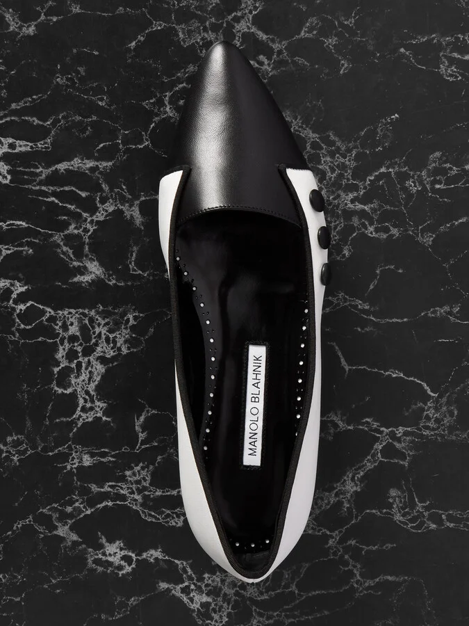 Manolo Blahnik - Seleuka Button-embellished Leather Point-toe Flats - White - Image 5