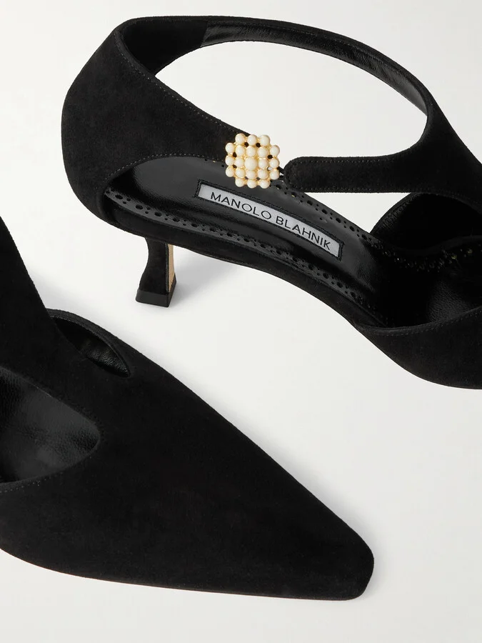 Manolo Blahnik - Shufta 50 Embellished Suede Pumps - Black - Image 4
