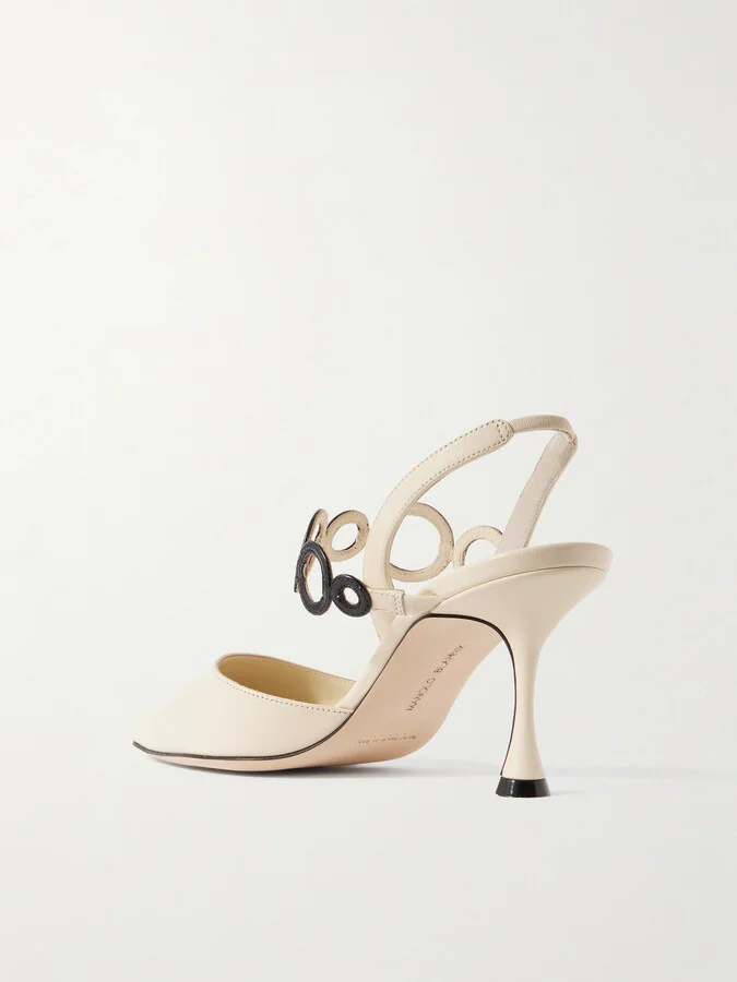 Manolo Blahnik - Sidi 70 Cutout Leather Pointed-toe Slingback Pumps - Cream - Image 3