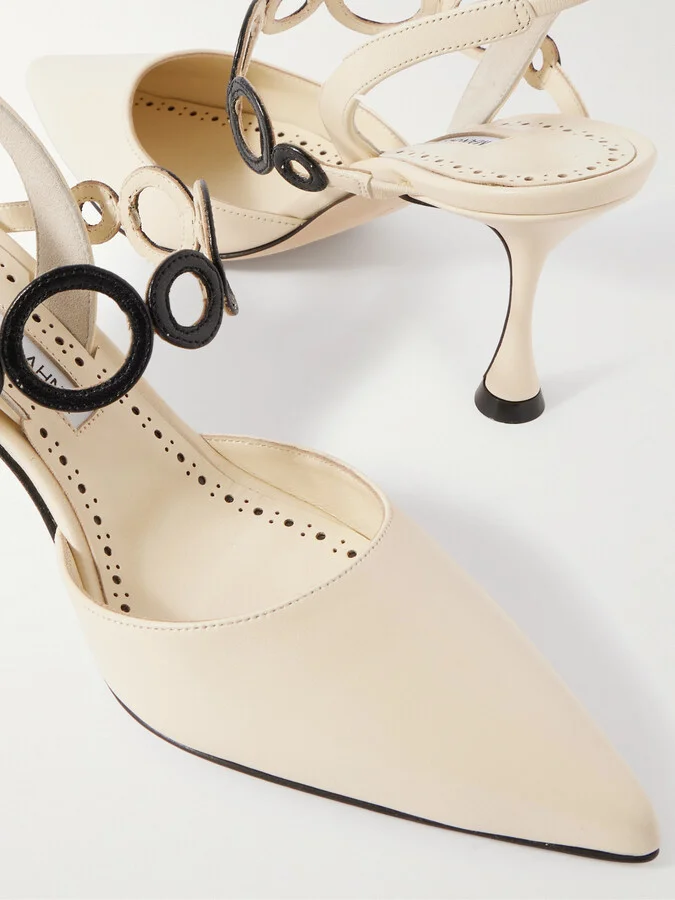 Manolo Blahnik - Sidi 70 Cutout Leather Pointed-toe Slingback Pumps - Cream - Image 4