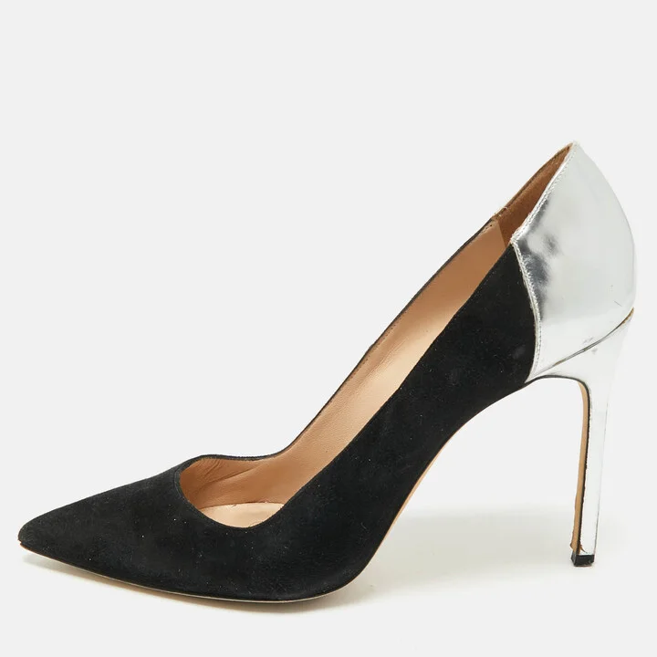 Manolo Blahnik Silver/Black Leather and Suede Osmana Pointed Toe Pumps Size 39.5