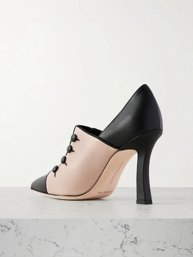 Manolo Blahnik - Sisygambis 105 Button-embellished Two-tone Leather Pumps - Neutrals - Image 3