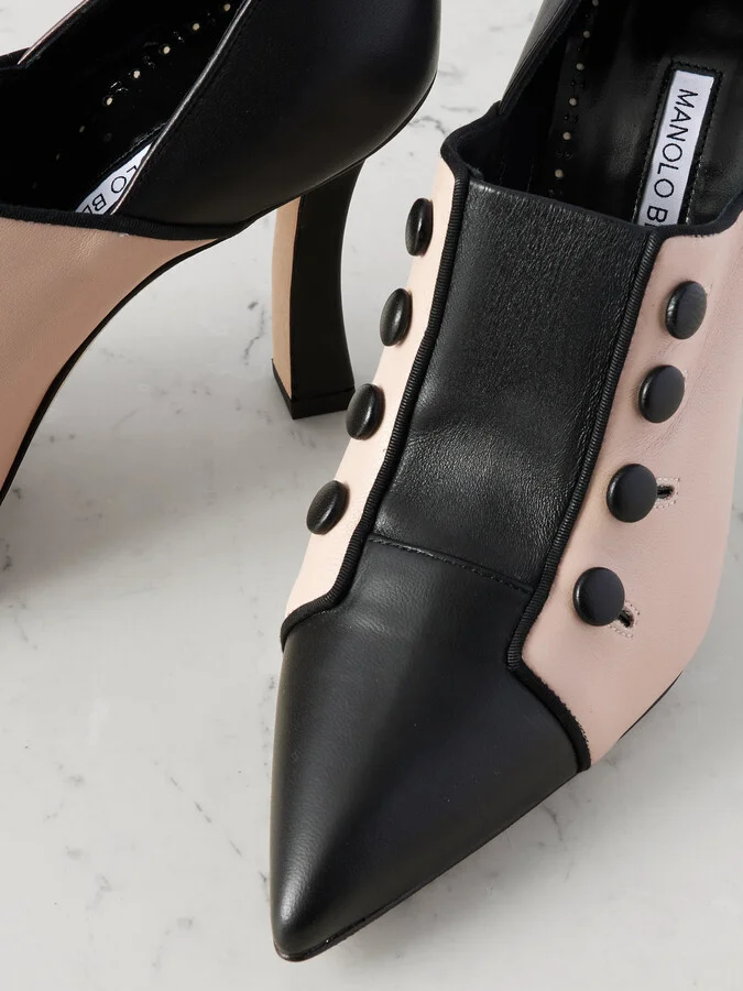 Manolo Blahnik - Sisygambis 105 Button-embellished Two-tone Leather Pumps - Neutrals - Image 4