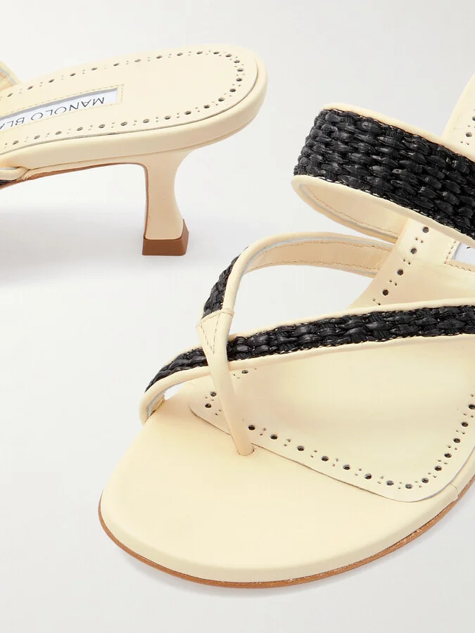 Manolo Blahnik - Susa 50 Raffia-trimmed Leather Mules - Black - Image 4