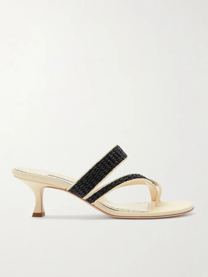 Manolo Blahnik - Susa 50 Raffia-trimmed Leather Mules - Black