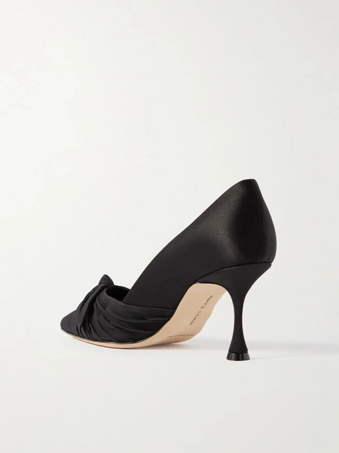 Manolo Blahnik - Terka 70 Bow-embellished Poplin-trimmed Satin Pumps - Black - Image 3