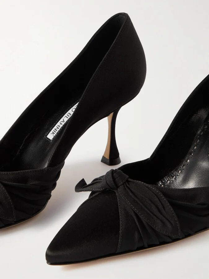 Manolo Blahnik - Terka 70 Bow-embellished Poplin-trimmed Satin Pumps - Black - Image 4