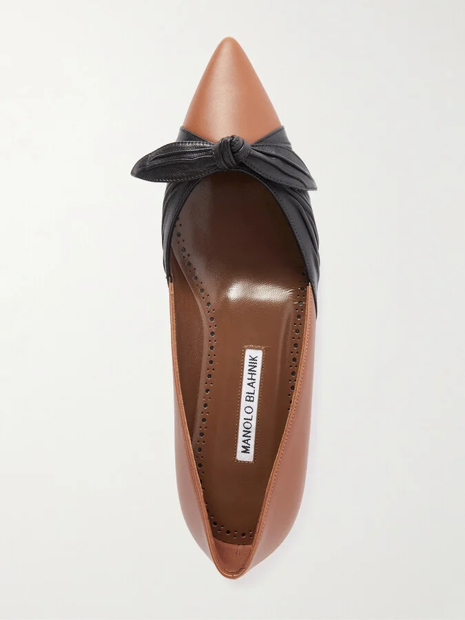 Manolo Blahnik - Terkaflat Bow-embellished Two-tone Leather Point-toe Flats - Brown - Image 5