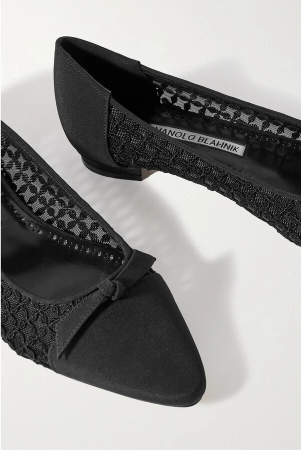 Manolo Blahnik - Tiakala Lace-trimmed Mesh And Crepe De Chine Ballet Flats - Black - Image 4