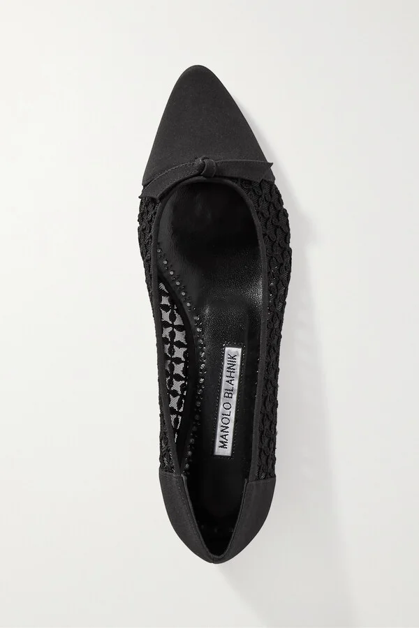 Manolo Blahnik - Tiakala Lace-trimmed Mesh And Crepe De Chine Ballet Flats - Black - Image 5