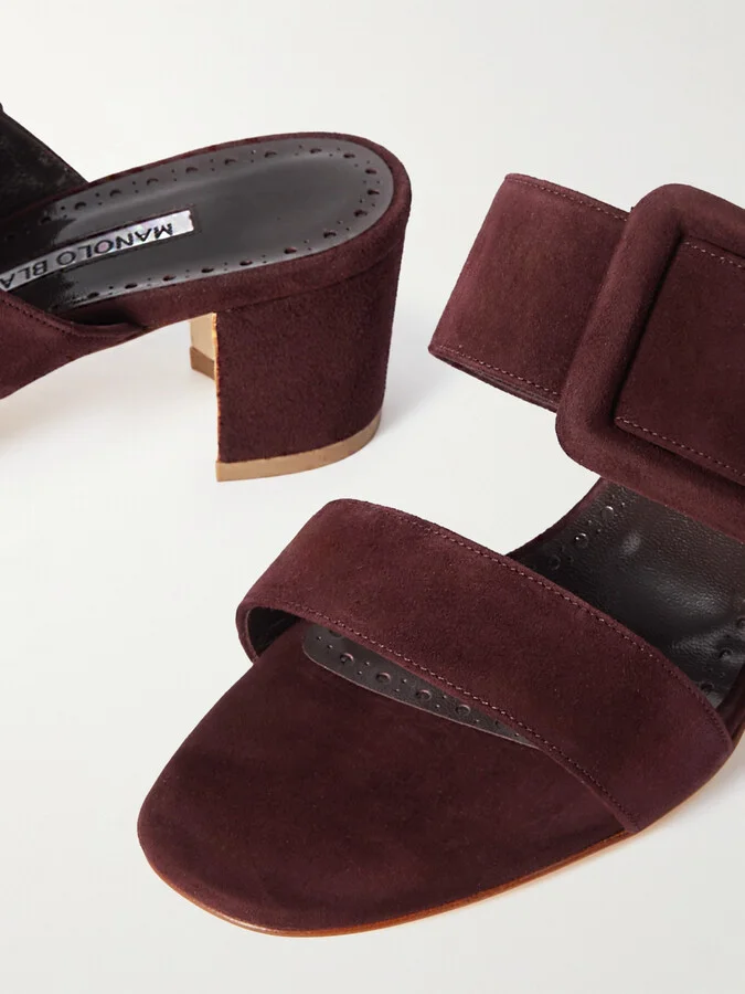 Manolo Blahnik - Titubanew 50 Buckled Suede Sandals - Burgundy - Image 4