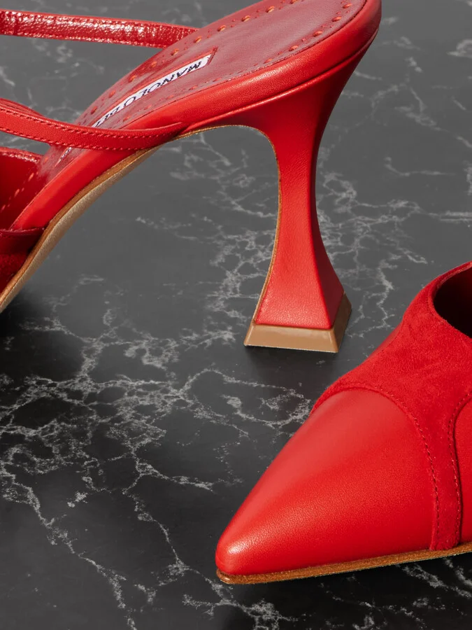 Manolo Blahnik - Tituta 90 Embellished Suede-trimmed Leather Mules - Red - Image 4