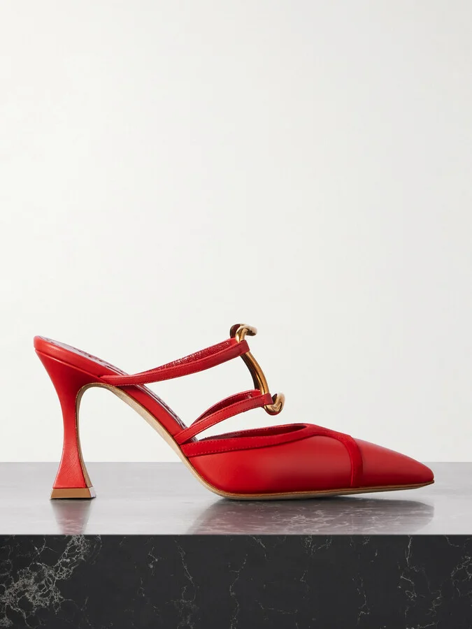 Manolo Blahnik - Tituta 90 Embellished Suede-trimmed Leather Mules - Red