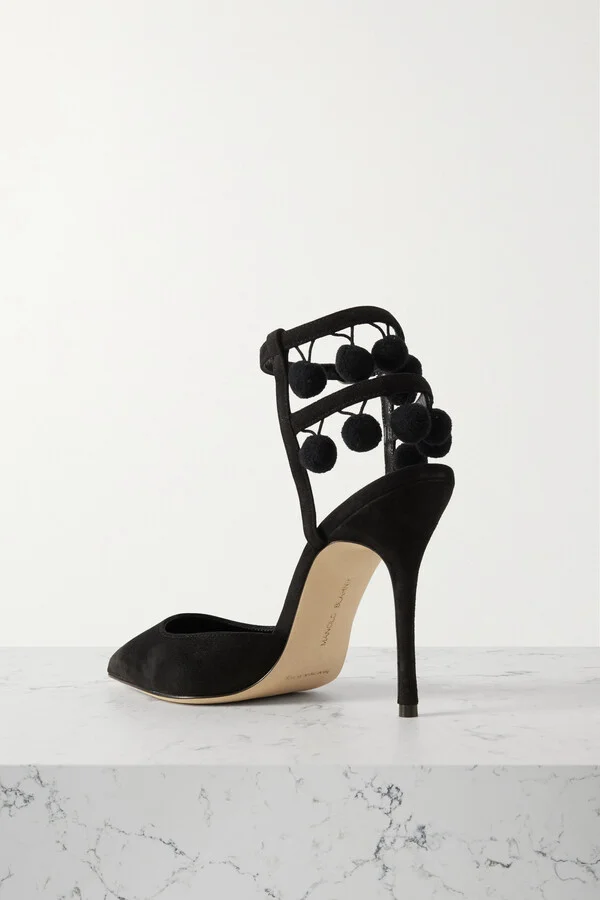 Manolo Blahnik - Tumusami 105 Pom Pom-embellished Suede Pumps - Black - Image 3