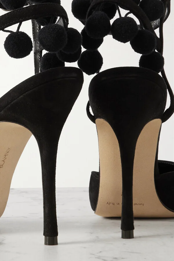 Manolo Blahnik - Tumusami 105 Pom Pom-embellished Suede Pumps - Black - Image 4