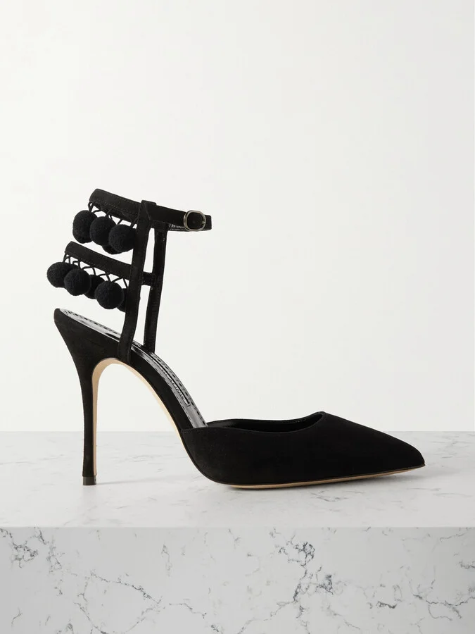 Manolo Blahnik - Tumusami 105 Pom Pom-embellished Suede Pumps - Black