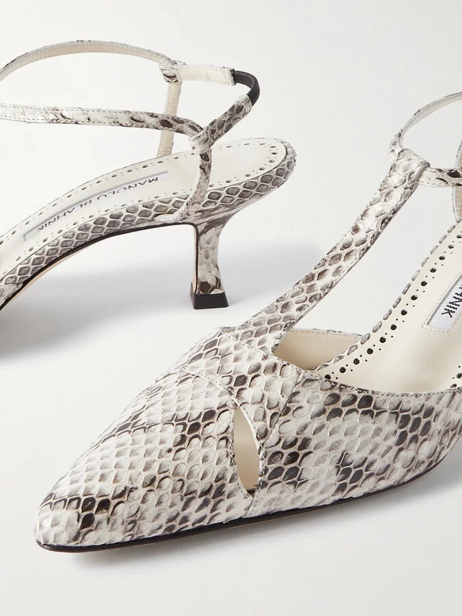 Manolo Blahnik - Turgimod 50 Cutout Elaphe Slingback Pumps - Neutrals - Image 4