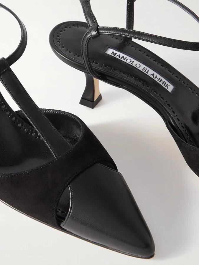 Manolo Blahnik - Turgimod 50 Cutout Leather And Suede Pumps - Black - Image 4