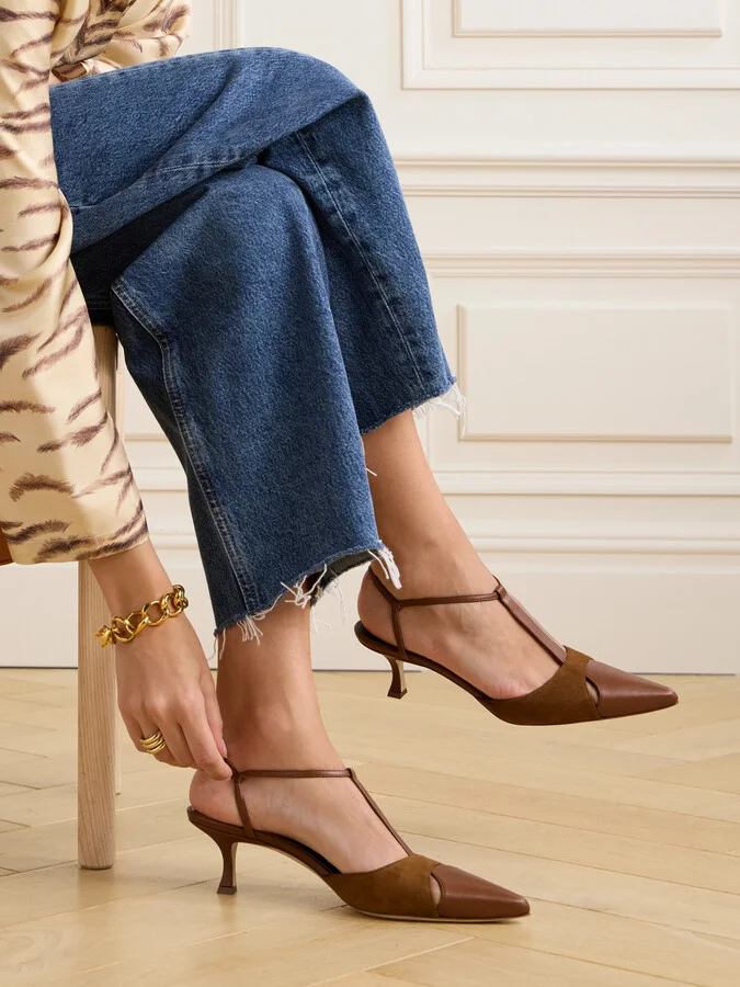 Manolo Blahnik - Turgimod 50 Cutout Leather And Suede Slingback Pumps - Brown - Image 2