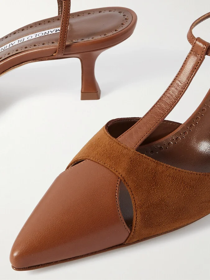 Manolo Blahnik - Turgimod 50 Cutout Leather And Suede Slingback Pumps - Brown - Image 4
