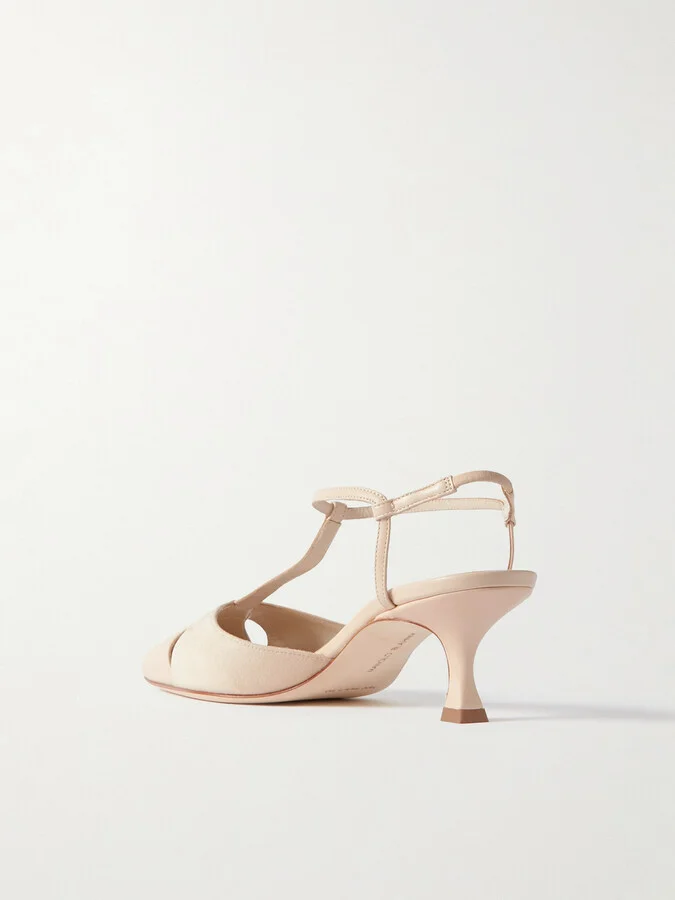 Manolo Blahnik - Turgimod 50 Cutout Leather And Suede Slingback Pumps - Cream - Image 3