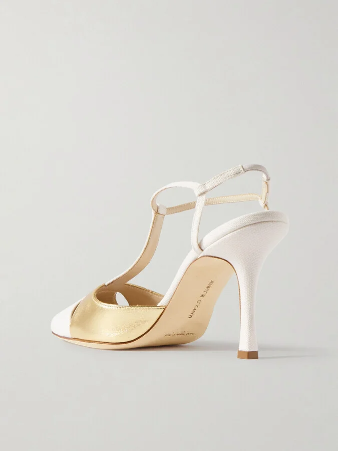 Manolo Blahnik - Turgimod 90 Cotton-canvas And Metallic-leather Slingback Pumps - Gold - Image 3