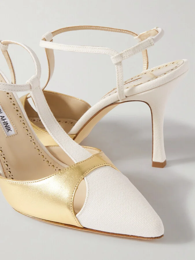 Manolo Blahnik - Turgimod 90 Cotton-canvas And Metallic-leather Slingback Pumps - Gold - Image 4