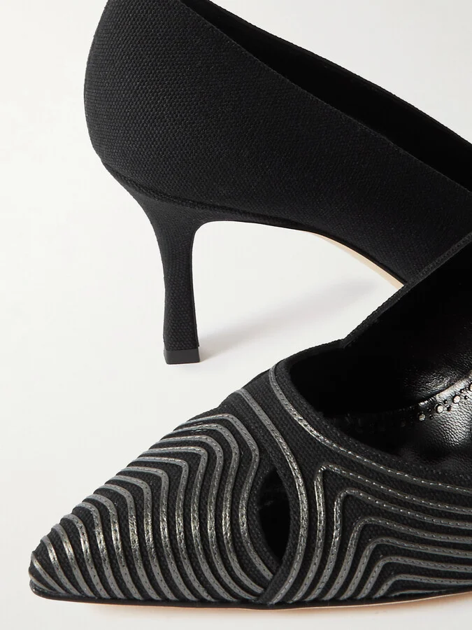 Manolo Blahnik - Turgipump Metallic Leather-trimmed Canvas Point-toe Pumps - Black - Image 4