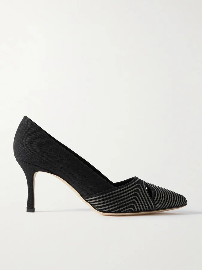Manolo Blahnik - Turgipump Metallic Leather-trimmed Canvas Point-toe Pumps - Black