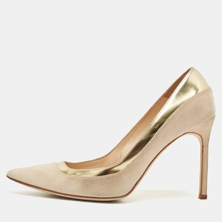 Manolo Blahnik Two Tone Suede Leather Bipunta Pointed Toe Pumps Size 38.5