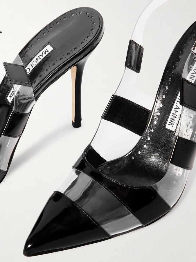 Manolo Blahnik - Uxra 105 Patent-leather And Pvc Slingback Pumps - Black - Image 4