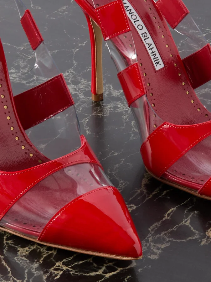 Manolo Blahnik - Uxra 105 Patent-leather And Pvc Slingback Pumps - Red - Image 4