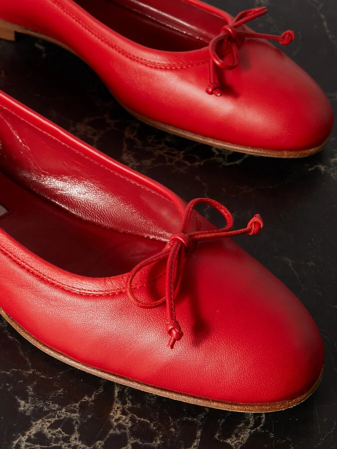 Manolo Blahnik - Veralli Bow-detailed Leather Ballet Flats - Red - Image 4