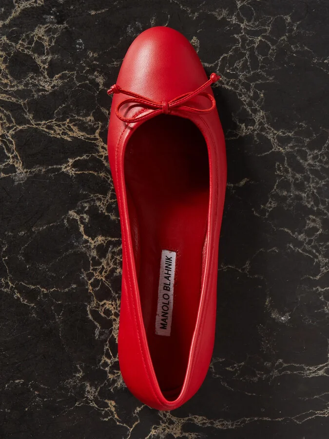 Manolo Blahnik - Veralli Bow-detailed Leather Ballet Flats - Red - Image 5