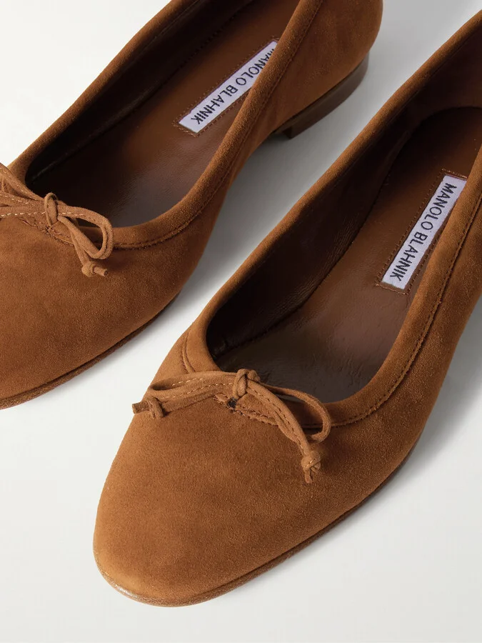 Manolo Blahnik - Veralli Bow-detailed Suede Ballet Flats - Brown - Image 4