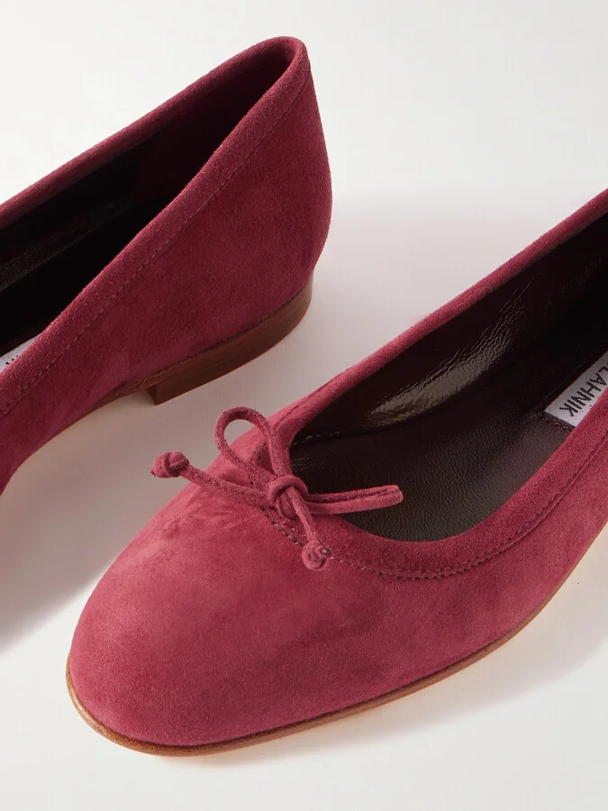 Manolo Blahnik - Veralli Bow-detailed Suede Ballet Flats - Burgundy - Image 4