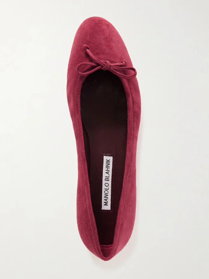 Manolo Blahnik - Veralli Bow-detailed Suede Ballet Flats - Burgundy - Image 5
