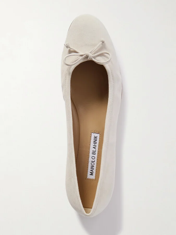 Manolo Blahnik - Veralli Bow-detailed Suede Ballet Flats - Cream - Image 5