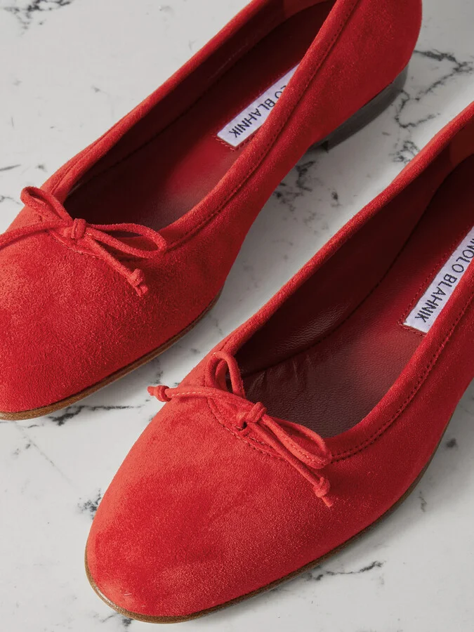 Manolo Blahnik - Veralli Bow-detailed Suede Ballet Flats - Red - Image 4