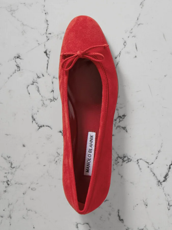 Manolo Blahnik - Veralli Bow-detailed Suede Ballet Flats - Red - Image 5