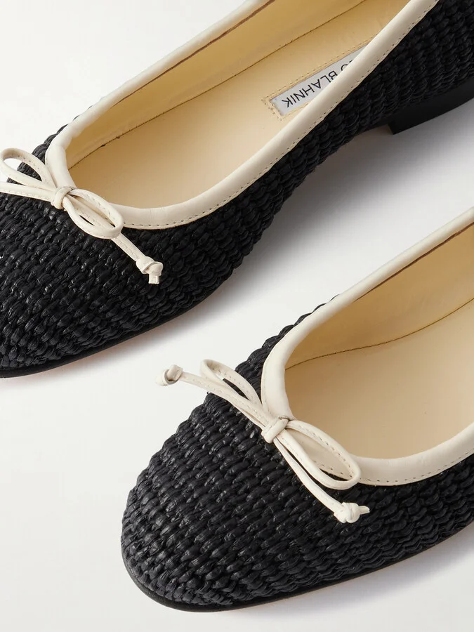 Manolo Blahnik - Veralli Leather-trimmed Raffia Ballet Flats - Black - Image 4