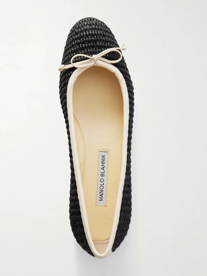 Manolo Blahnik - Veralli Leather-trimmed Raffia Ballet Flats - Black - Image 5