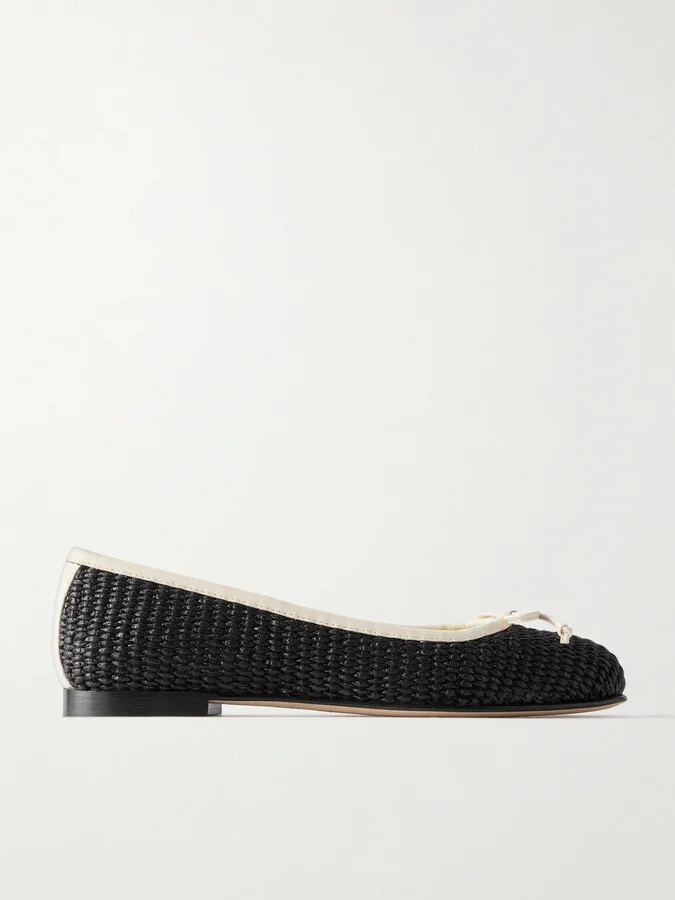 Manolo Blahnik - Veralli Leather-trimmed Raffia Ballet Flats - Black