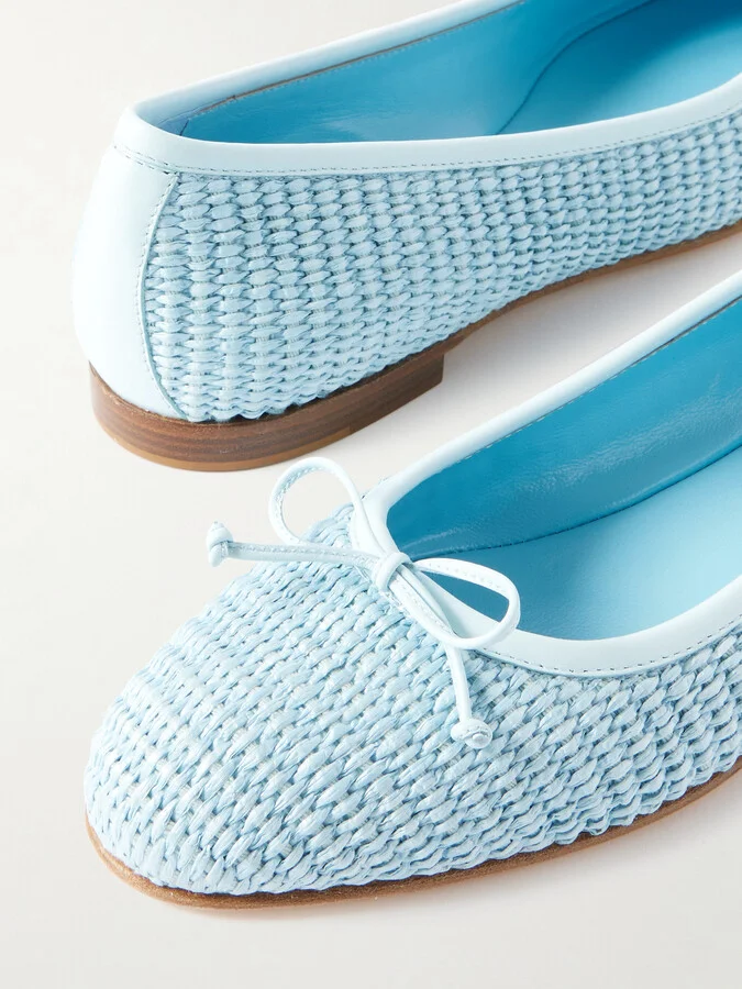 Manolo Blahnik - Veralli Leather-trimmed Raffia Ballet Flats - Blue - Image 4