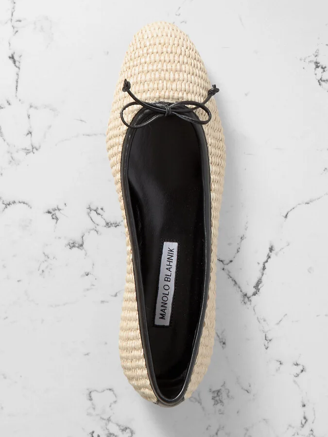 Manolo Blahnik - Veralli Leather-trimmed Raffia Ballet Flats - Cream - Image 5