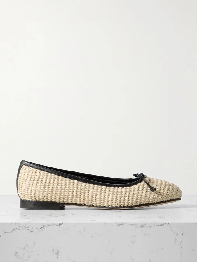Manolo Blahnik - Veralli Leather-trimmed Raffia Ballet Flats - Cream